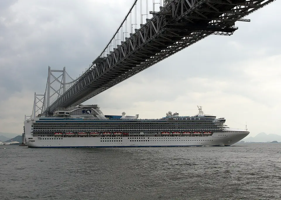 Diamond Princess（Princess Cruises）が大きな橋の下を航行中の外観