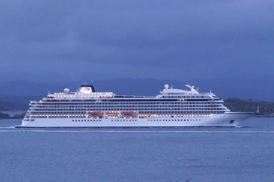 Exterior of Viking Sky (Viking Ocean Cruises), at dusk